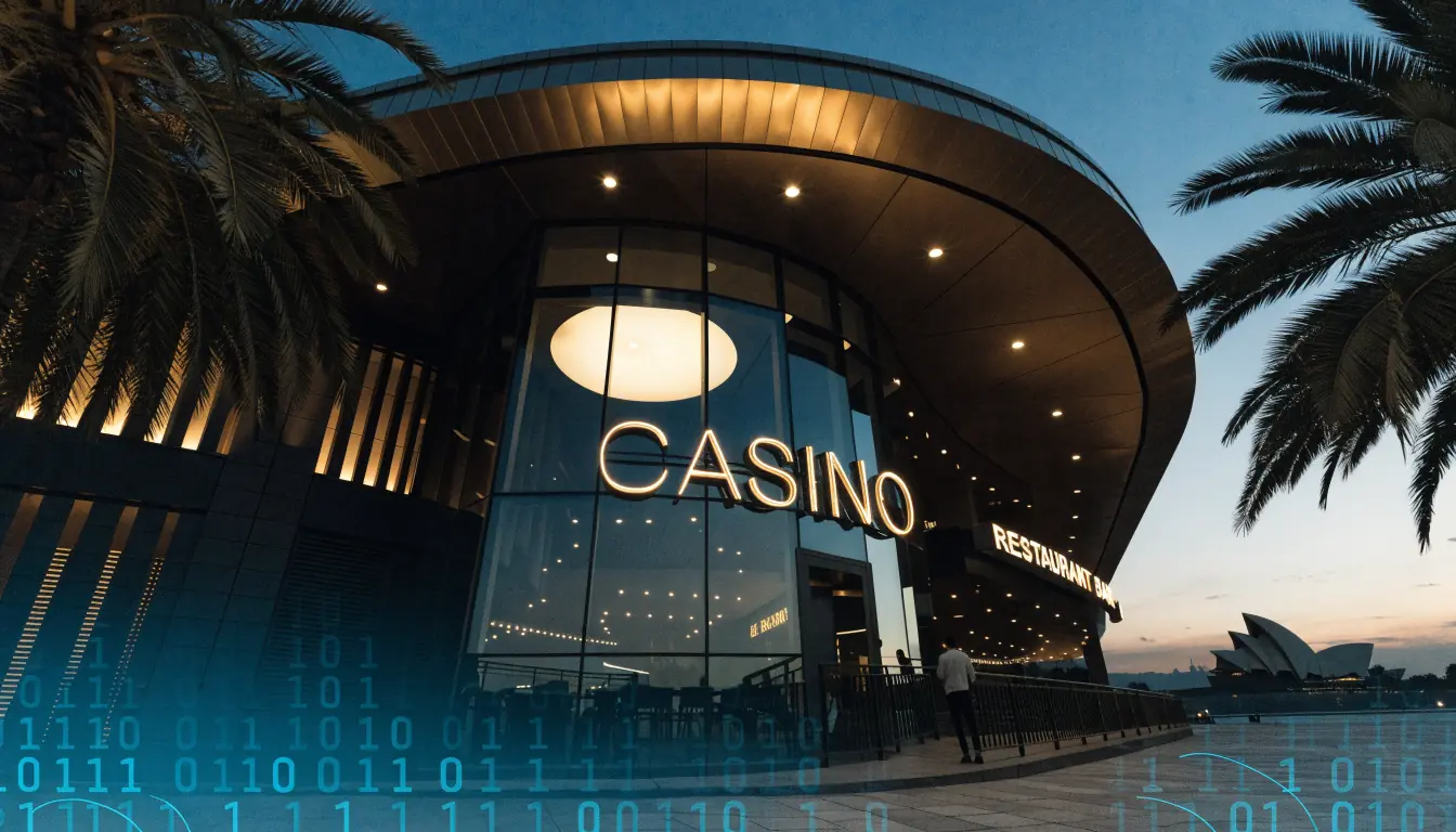 Australian casino façade with Sydney skyline at dusk