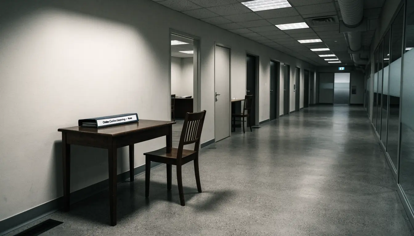 Empty office desk with closed licensing file